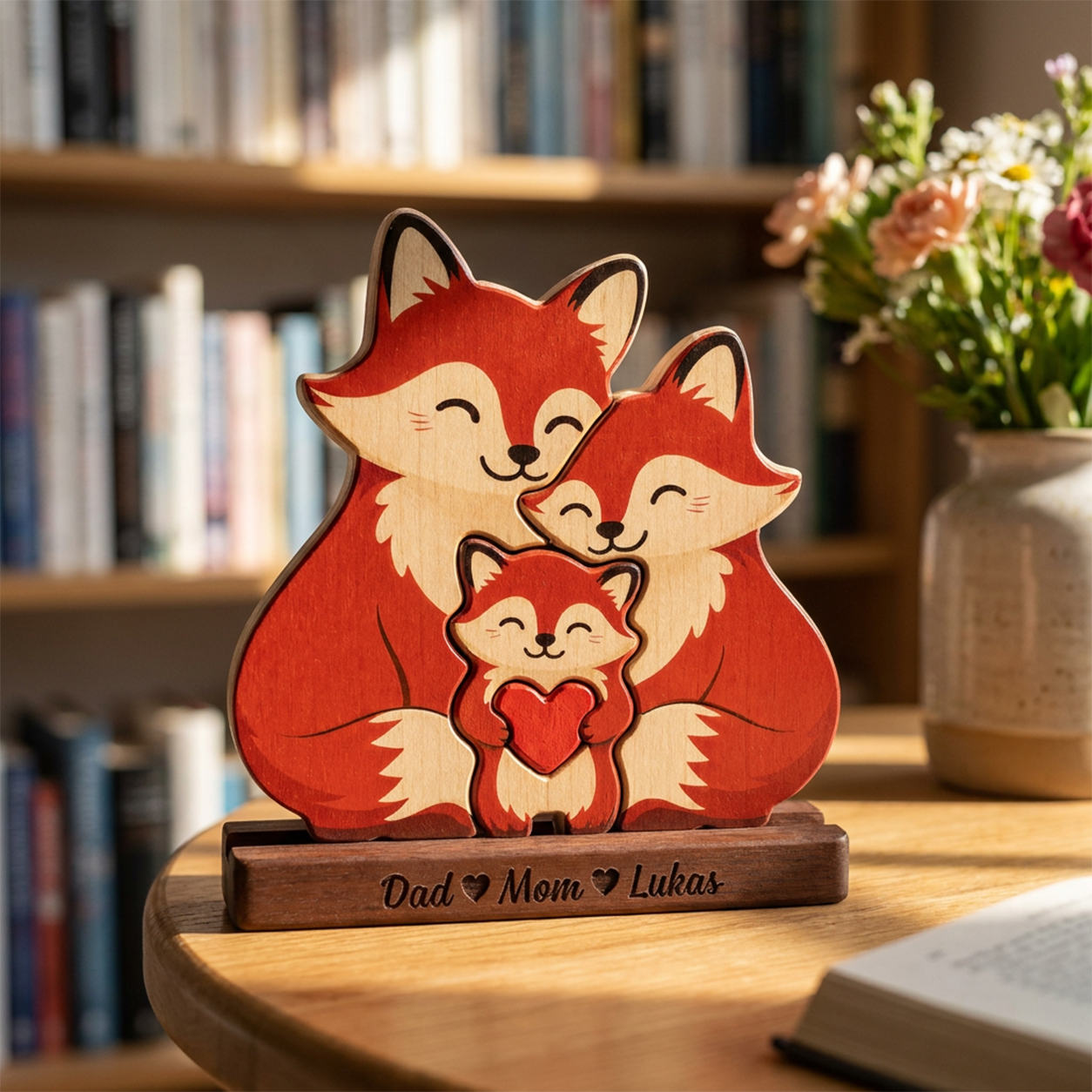 Wooden fox family figurine on a wooden stand 