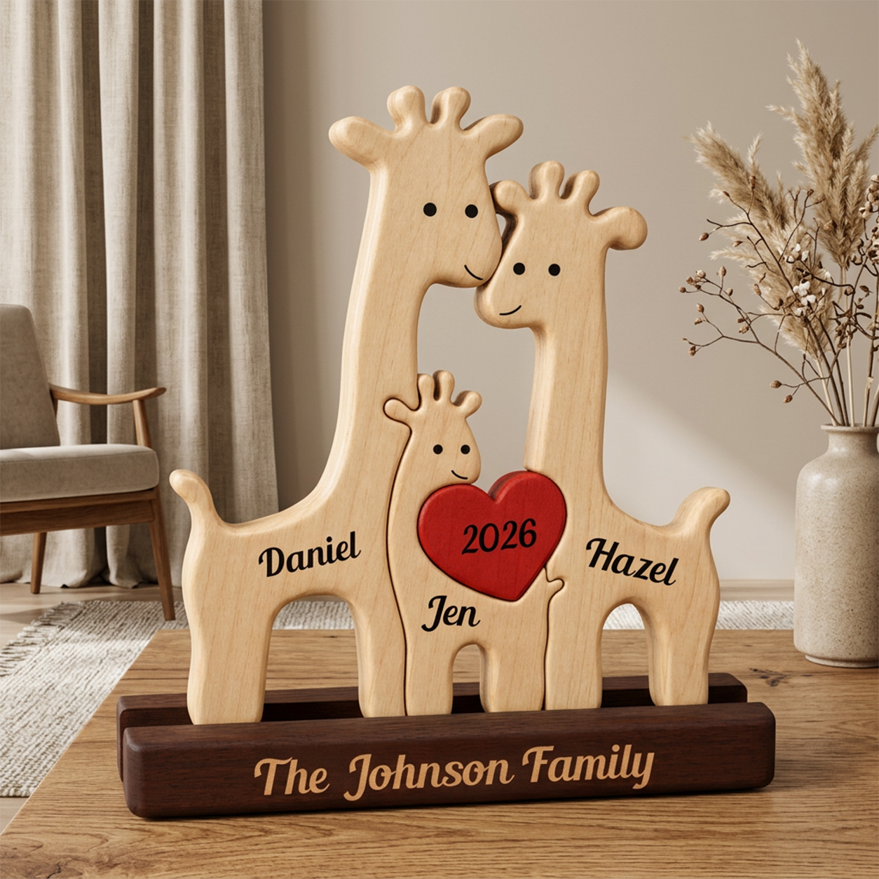 Personalized wooden giraffe family sculpture on a dark base, with three light wood giraffes and a red heart in the center reading '2026', plus the names  and the family name. The piece is photographed on a wooden table in a softly styled room with curtains, a chair, and a vase of dried grass.