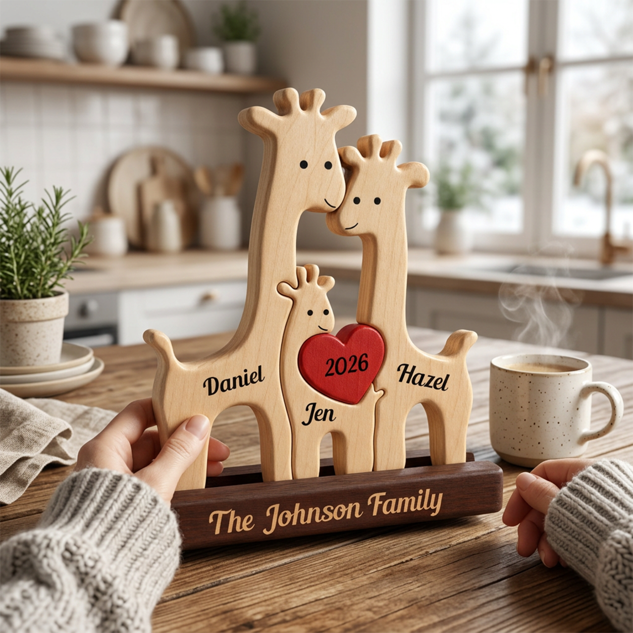 Personalized wooden giraffe family figurines on a matching base, displayed on a shelf in a styled home interior with books, a small animal figurine, a vase, and a potted plant.