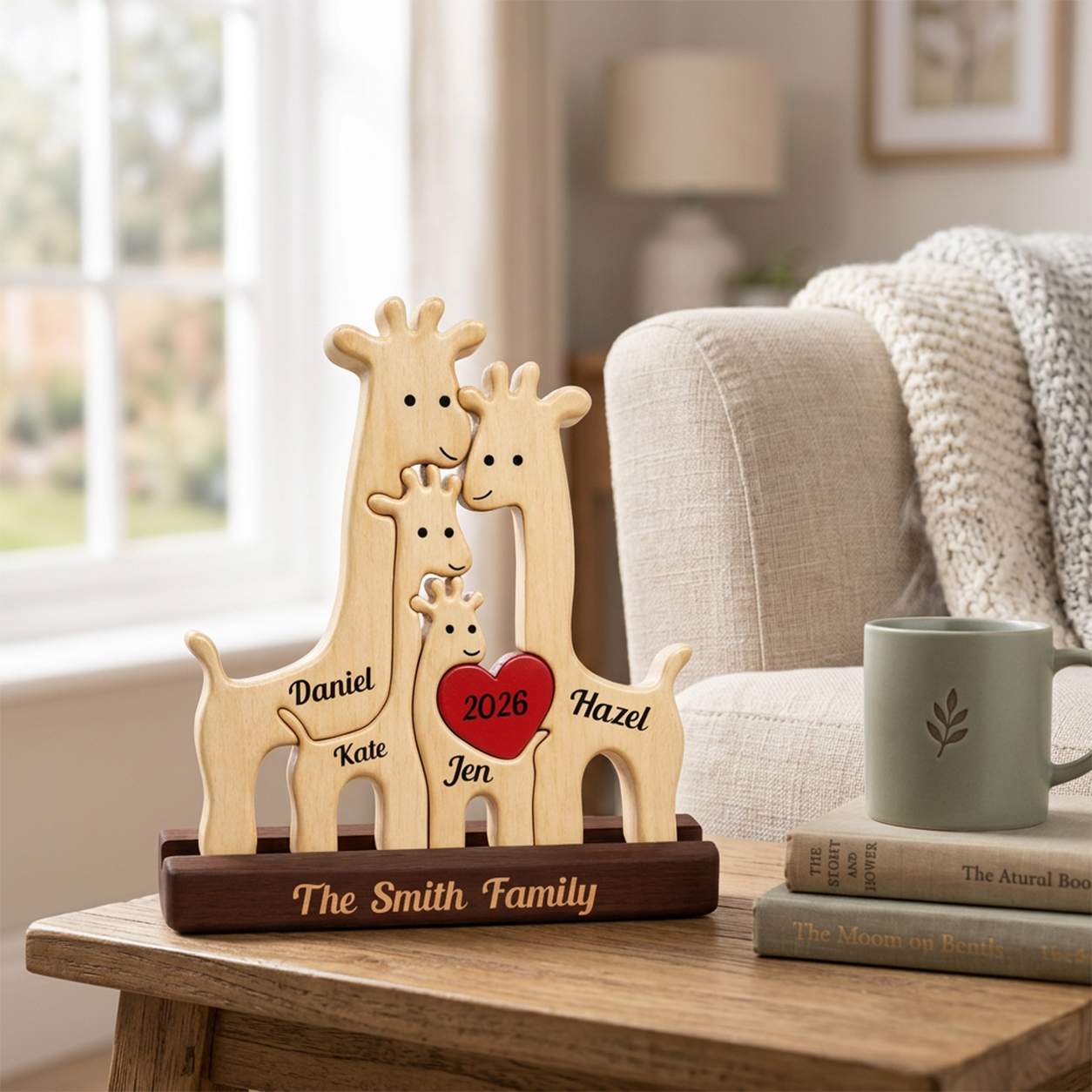 Personalized wooden giraffe family sculpture on a dark base engraved with 'The Family,' displayed on a table in a living room beside a mug and books.