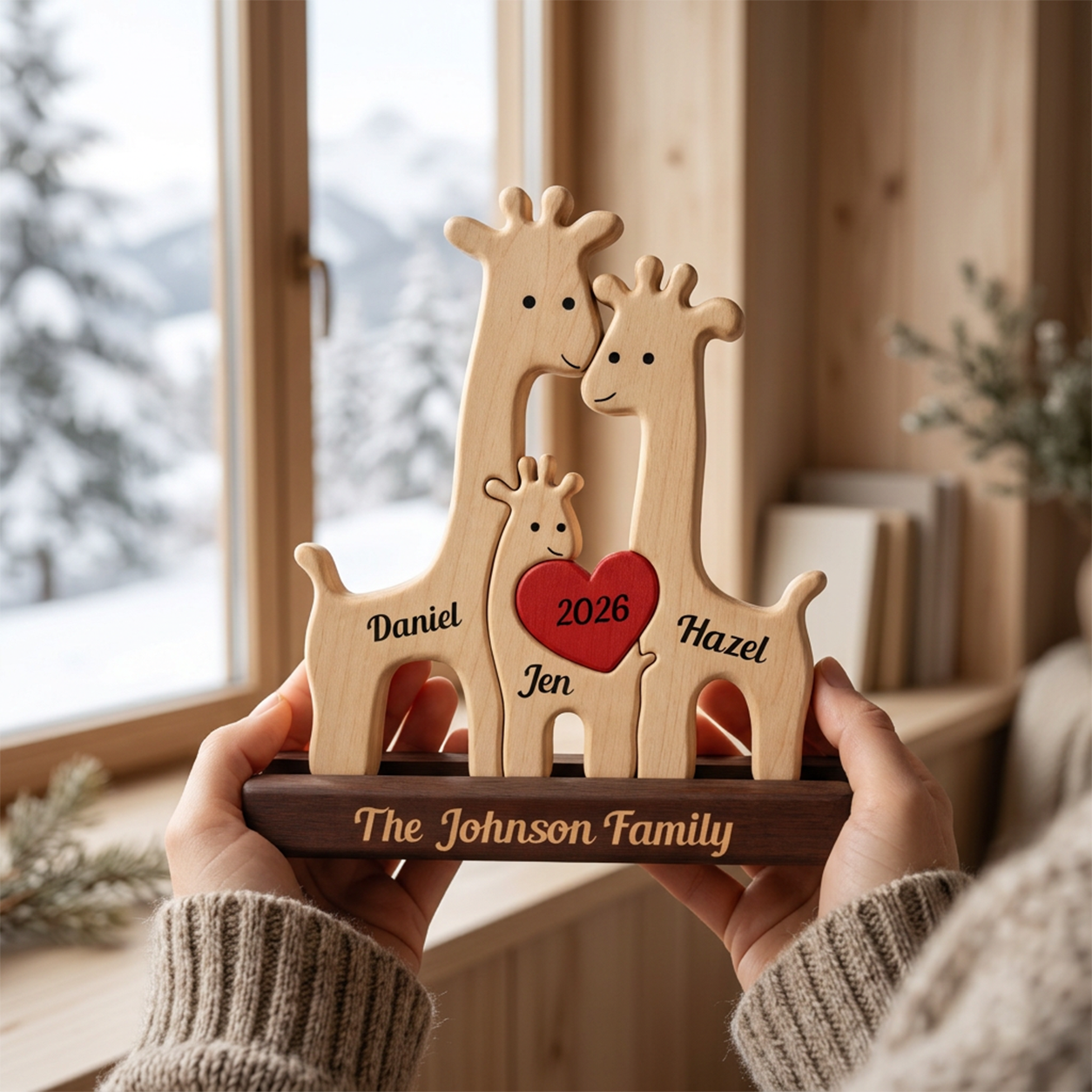 A personalized wooden family giraffe keepsake holder being held by two hands in a cozy indoor setting. The set features three light natural wood giraffes with black engraved names 
