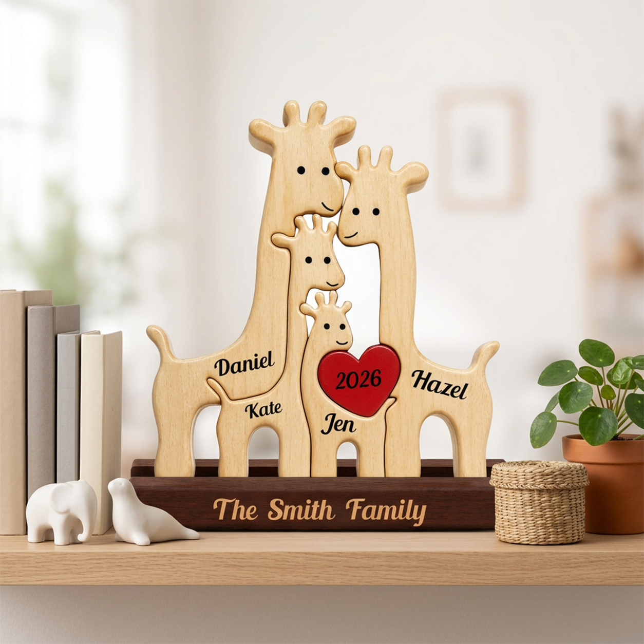 Personalized wooden giraffe family figurine on a dark base, displayed on a shelf with books, small white animal figurines, a woven basket, and a potted plant. The figurines are engraved with family names and a red heart with the year 2026.