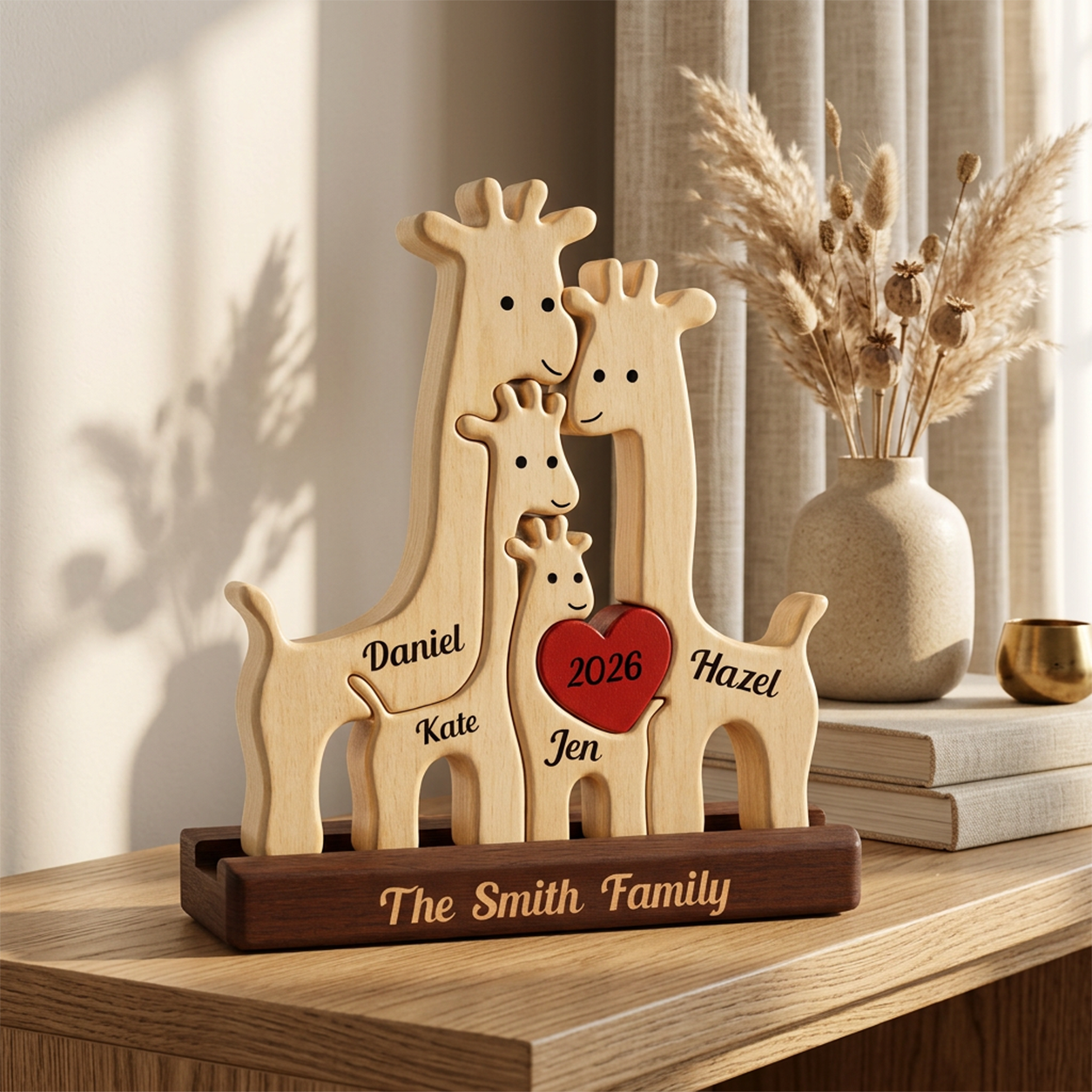 Personalized wooden giraffe family figurine on a dark wood base, displayed on a wooden table in a warm, sunlit room with curtains, a vase of dried grass, and books in the background.