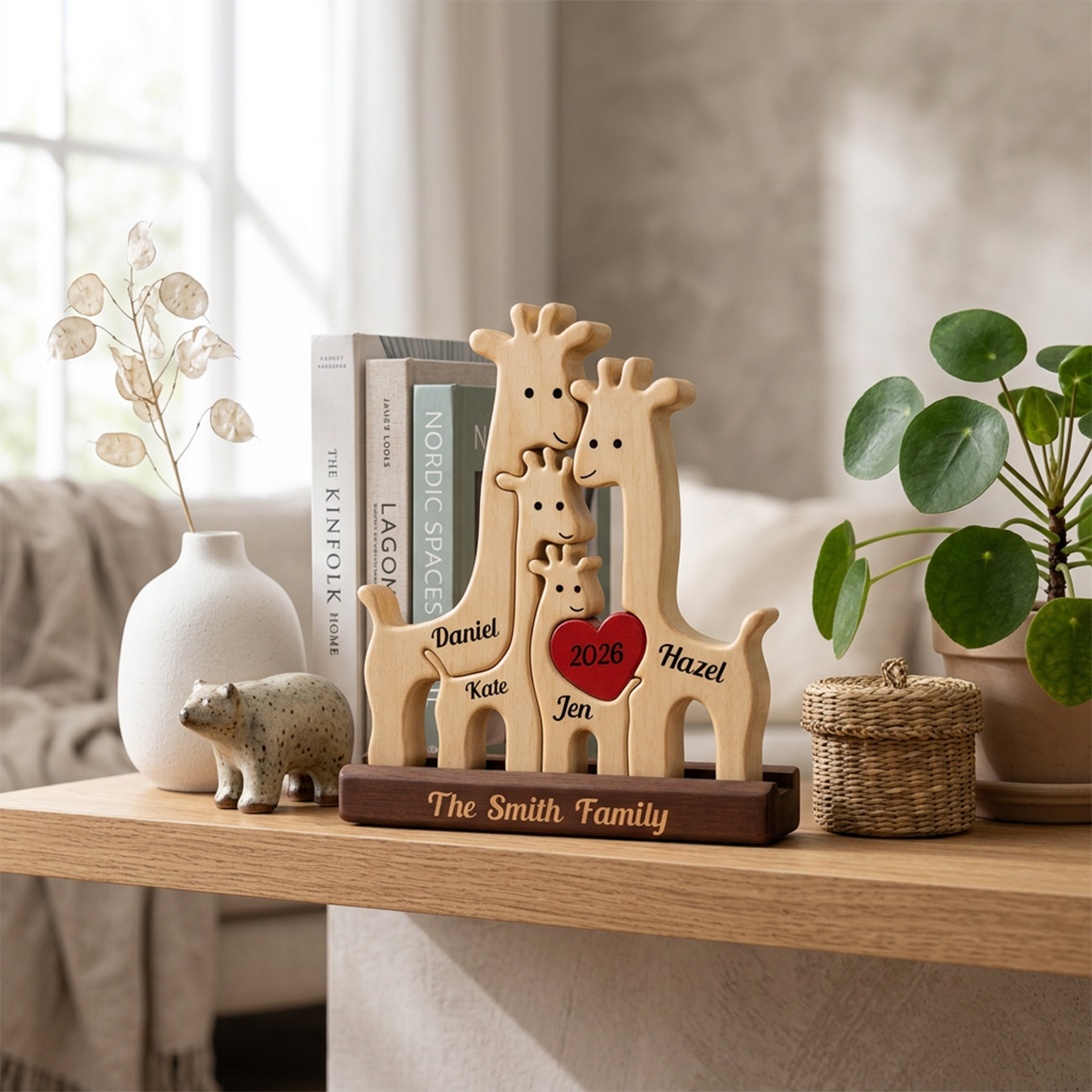 Personalized wooden giraffe family figurines on a matching base, displayed on a shelf in a styled home interior with books, a small animal figurine, a vase, and a potted plant.