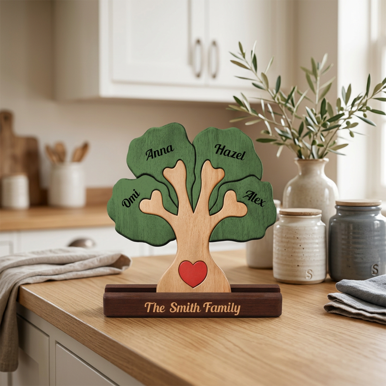 A personalized wooden family tree display stands on a kitchen countertop. The tree has green leaves labeled with names, a red heart at the center, and a dark wood base engraved with 'The Family.