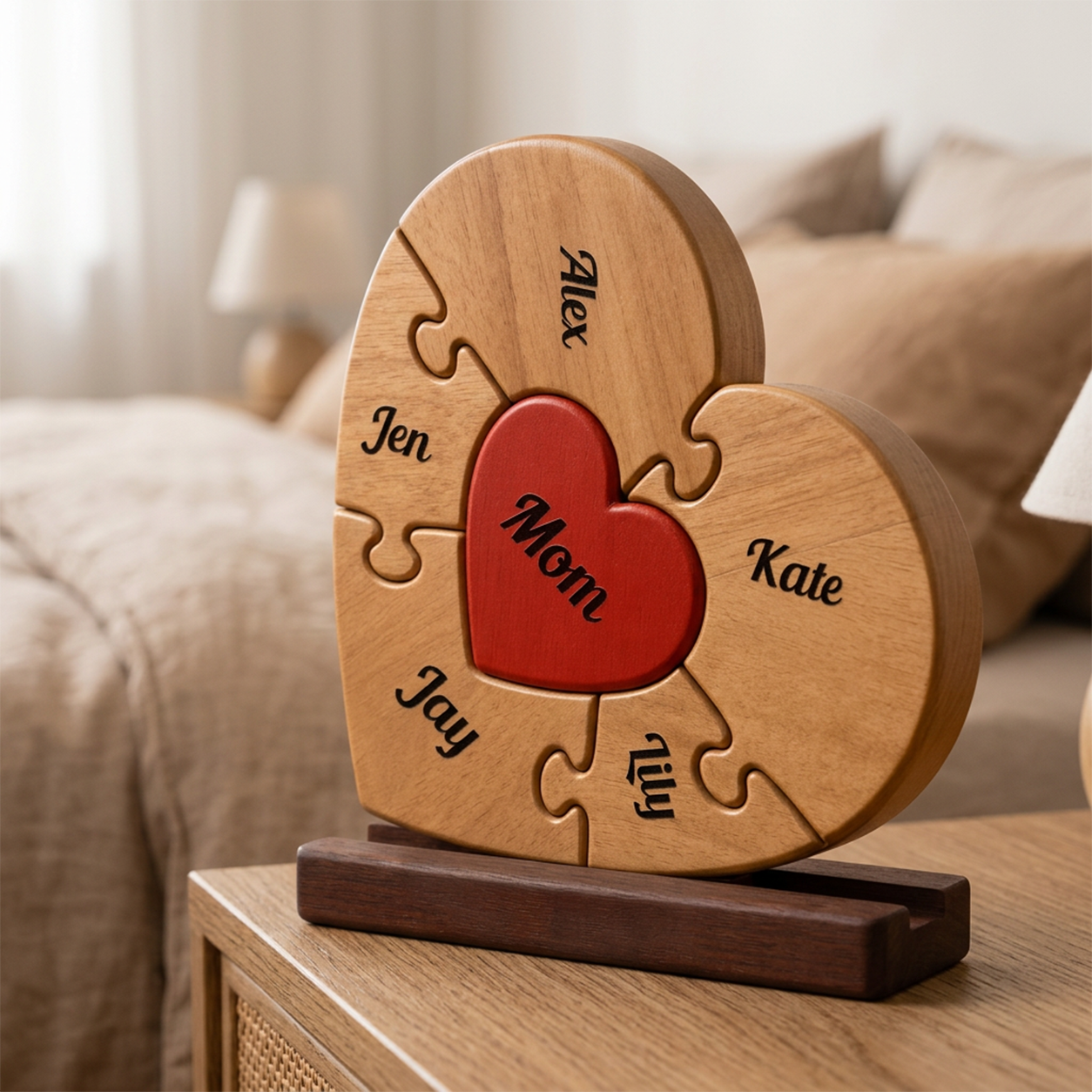 Wooden heart-shaped puzzle with engraved names on a wooden stand