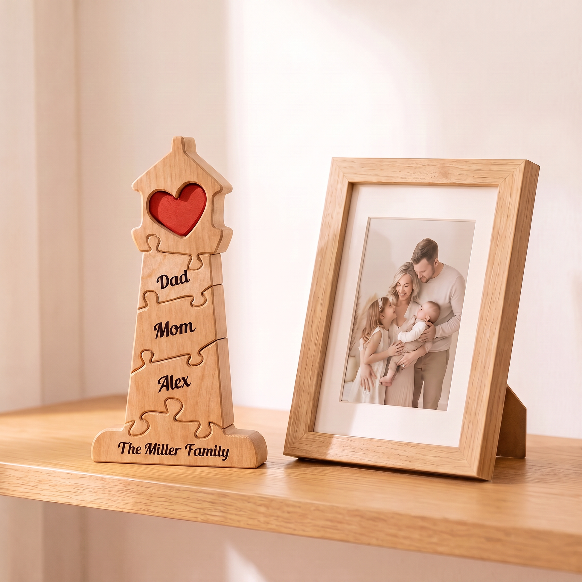 Home of Love personalized wooden family puzzle next to framed family photo