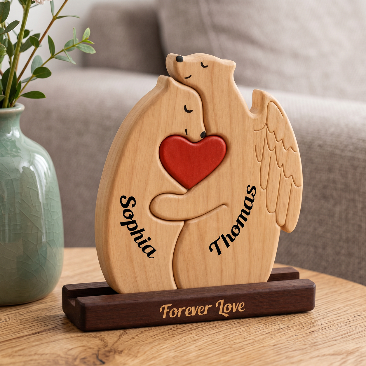 Personalized wooden, displayed on a dark wooden base that reads 'Forever Love' in a living room setting.