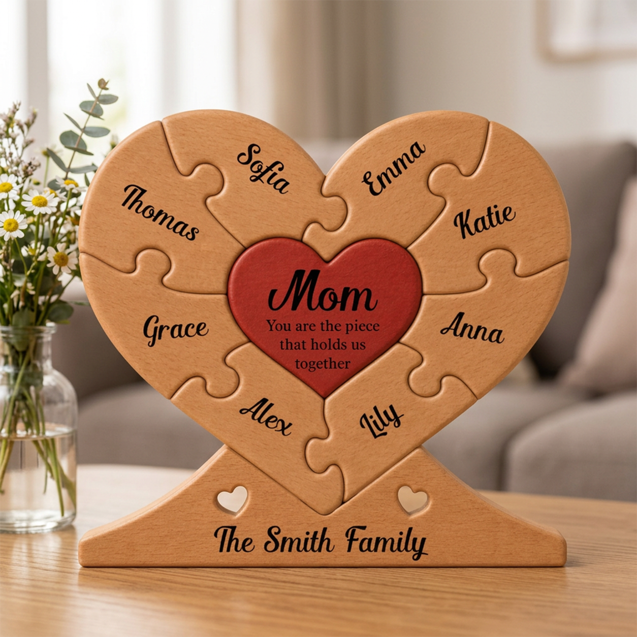 Heart-shaped wooden puzzle with names and a message for 'Mom' on a table.