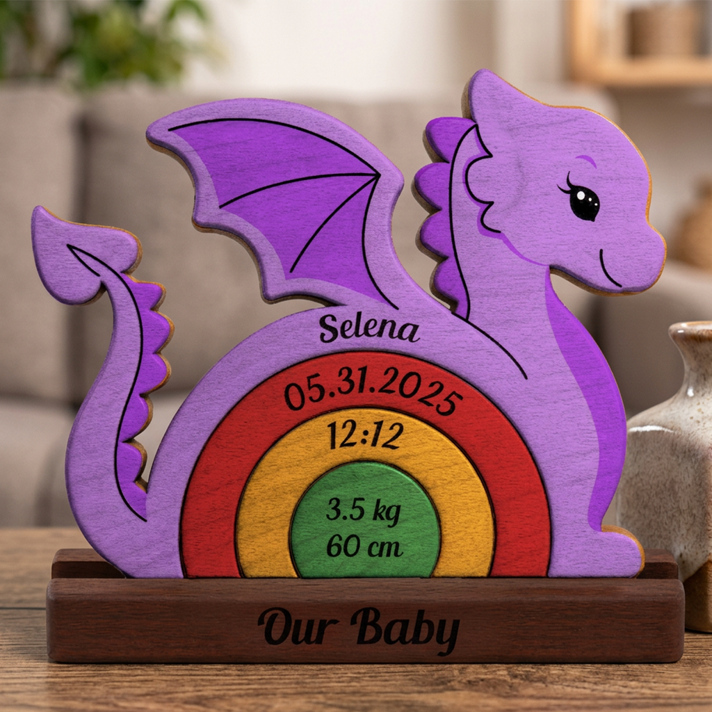 Wooden dragon-shaped decoration with personalized text on a wooden base