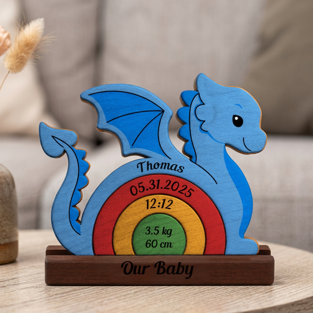 Wooden dragon-shaped with personalized details on a wooden stand.