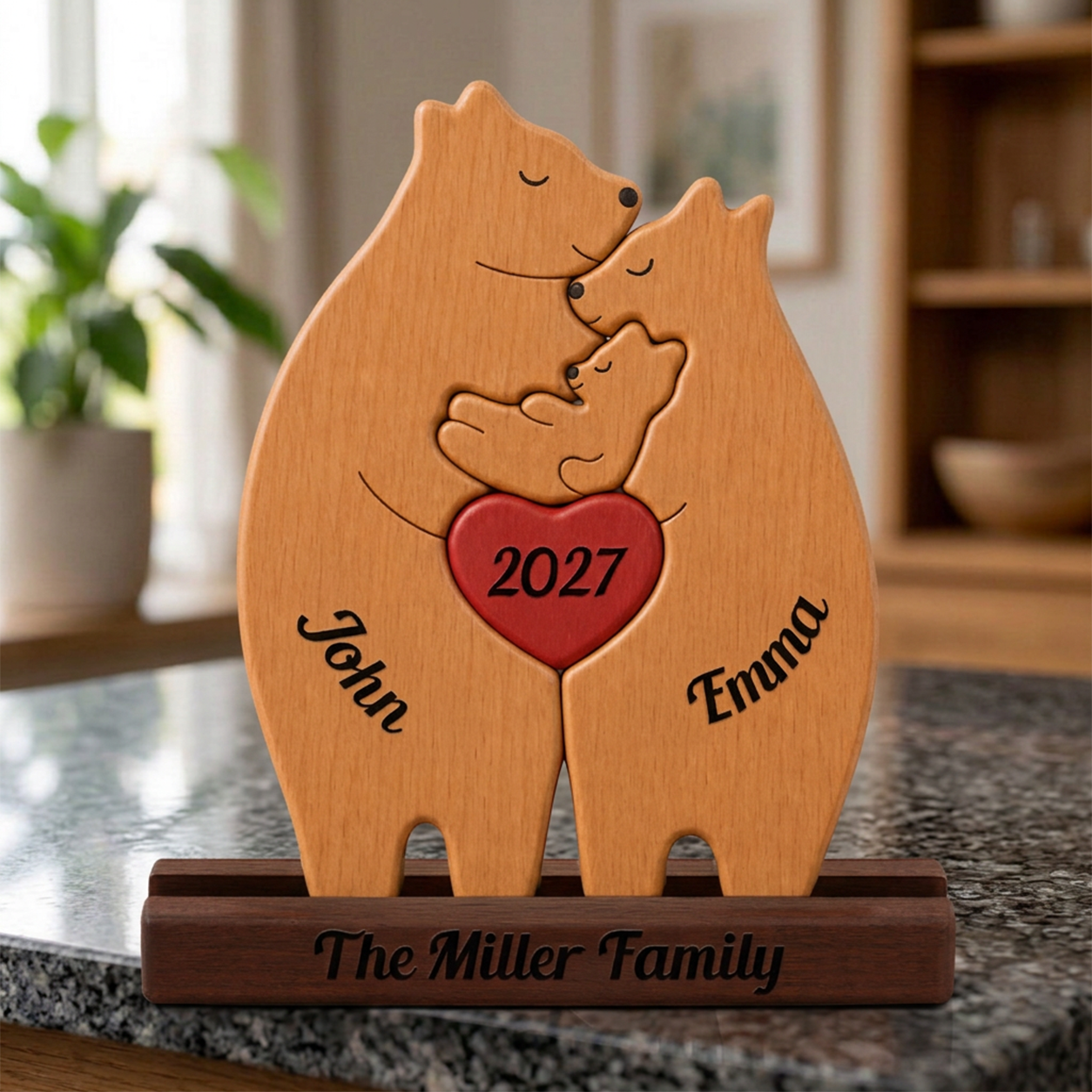 Wooden bear sculpture with names