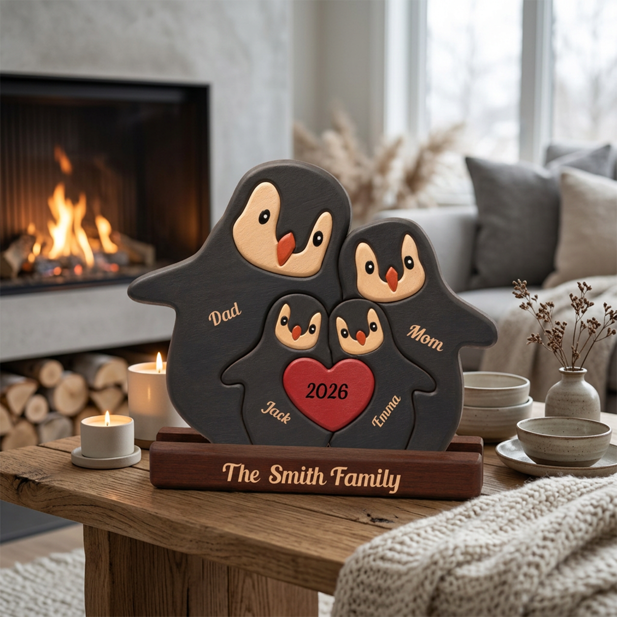 Personalized penguin family figurine set on a wooden display base in a cozy living room. 