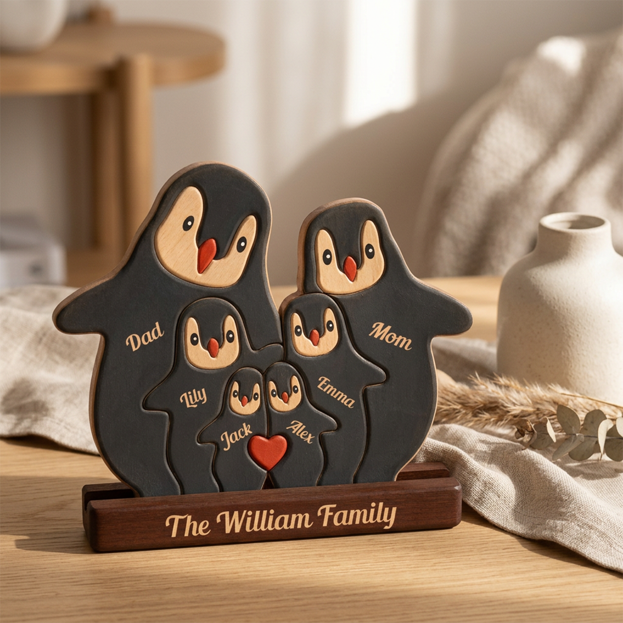 Personalized wooden penguin family plaque on a wooden base, engraved with names shown on a tabletop with soft home decor in the background.