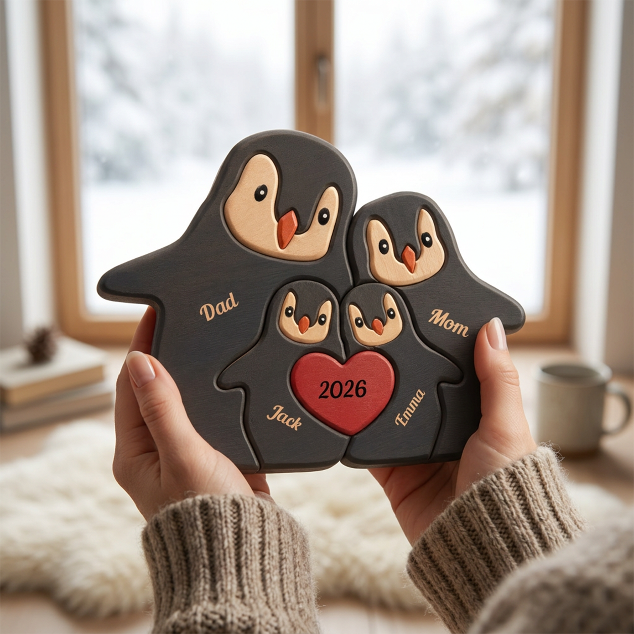 A person holds a set of three custom penguin-shaped wooden 