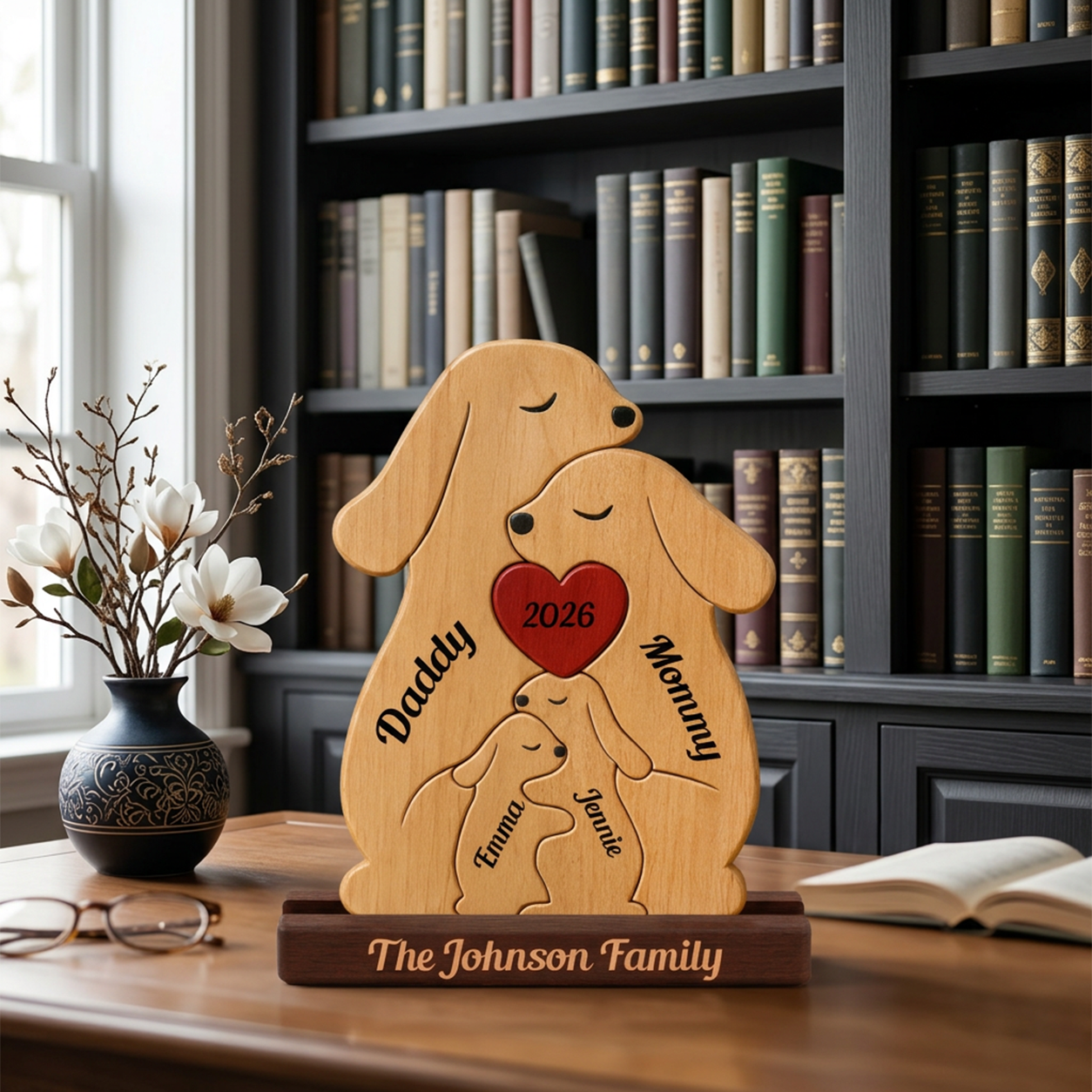 Personalized wooden rabbit plaque on a desk in front of a bookshelf, featuring engraved a red heart with '2026'