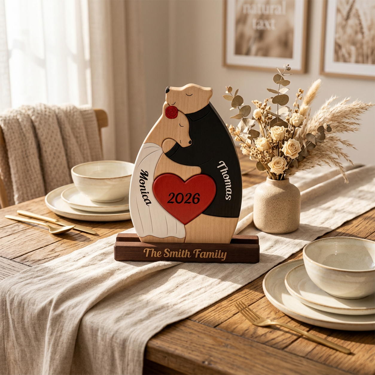 A personalized wooden wedding anniversary plaque shaped like a bride and groom, displayed on a dining table.