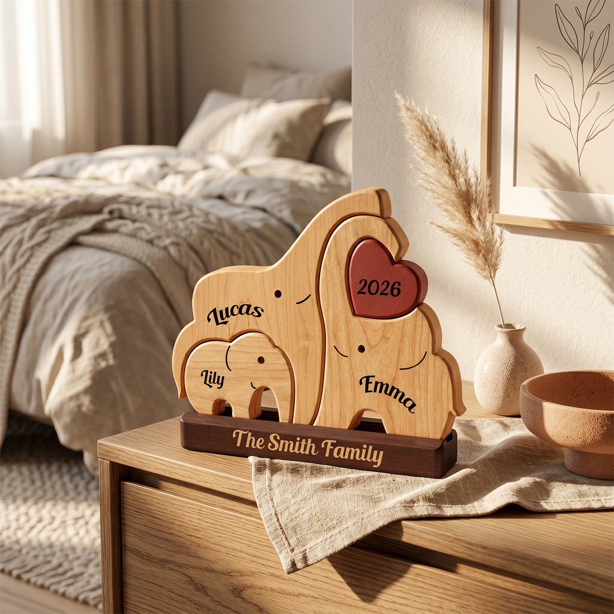 Personalized wooden elephant family set on a dark base, displayed on a wooden dresser in a warm, softly lit bedroom. 