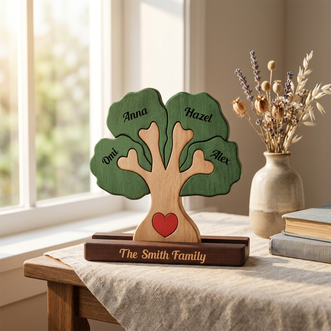 Personalized wooden family tree plaque on a dark base engraved with 'The Family,' displayed on a table beside a vase of dried flowers and books in a softly lit indoor setting.
