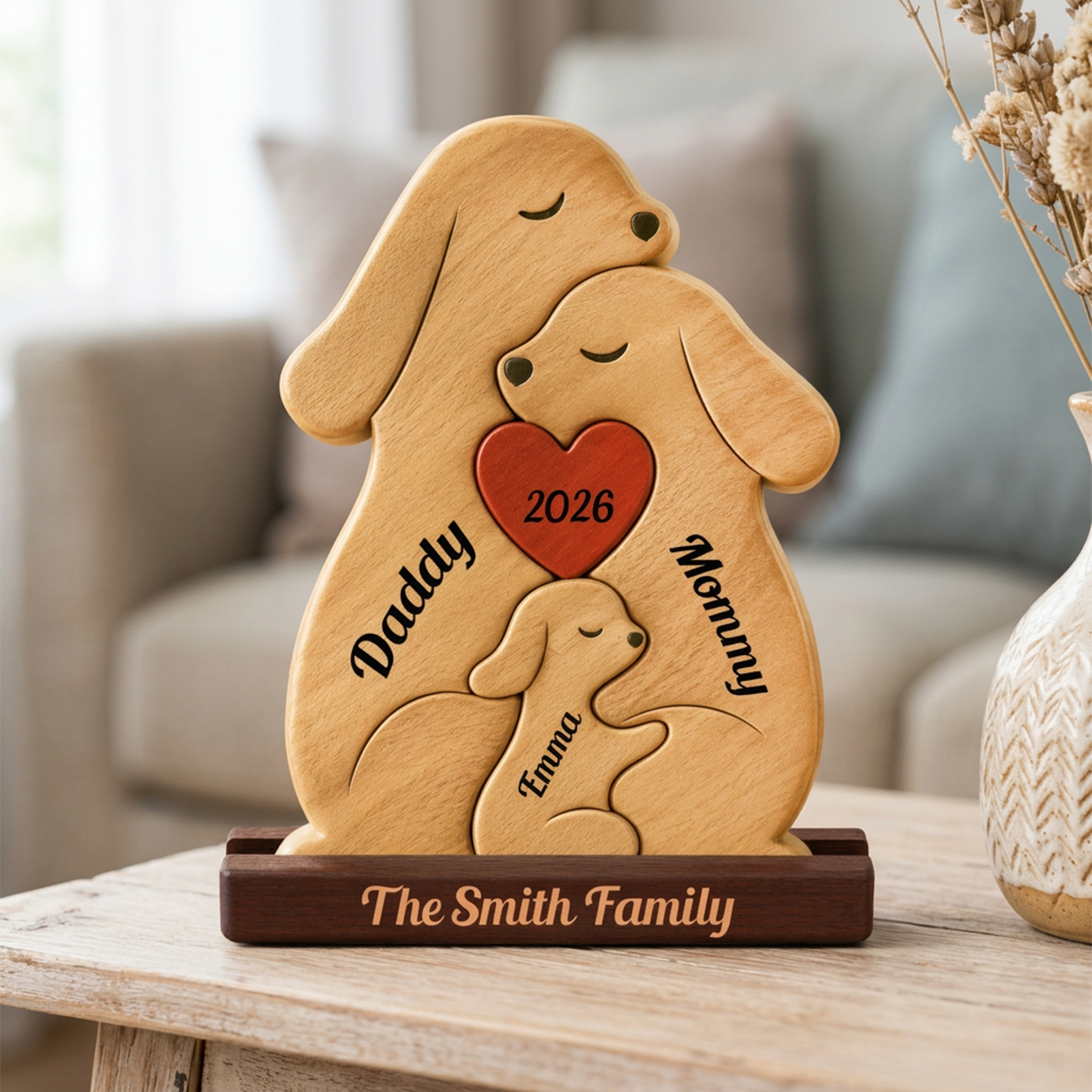 Personalized wooden rabbits keepsake box with engraved family names and a red heart reading '2026', displayed on a table in a softly blurred living room setting.