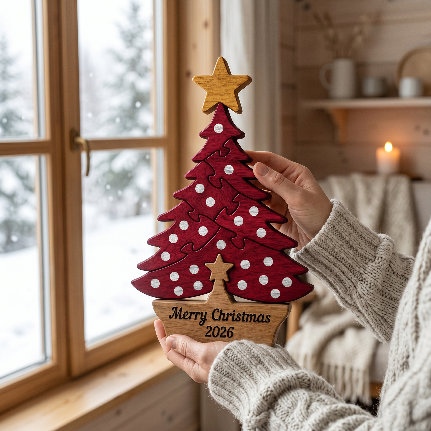 wooden Christmas tree with white polka dots and a gold star, featuring a base that reads 'Merry Christmas 2026'. The background shows a cozy room with a window looking out onto a snowy landscape.