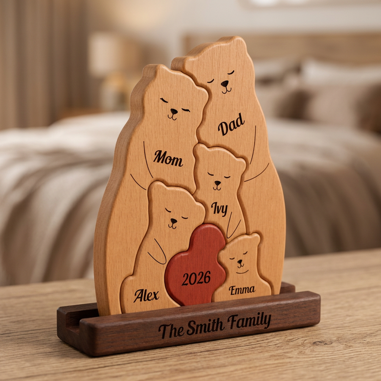 Wooden family portrait with engraved names on a wooden stand.