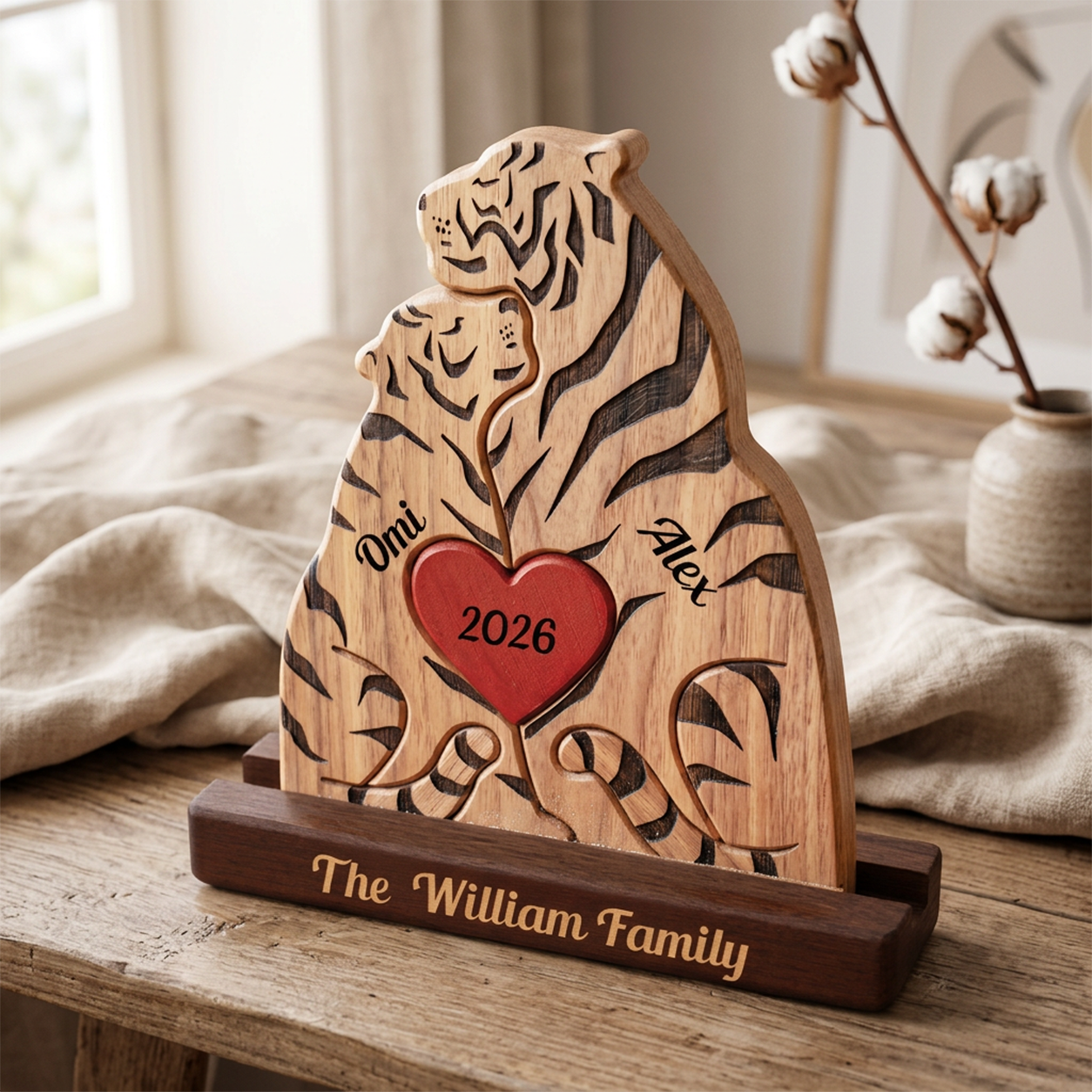 Personalized wooden tiger-shaped plaque on a dark wood base, engraved with a tiger, a red heart reading '2026', and the names 