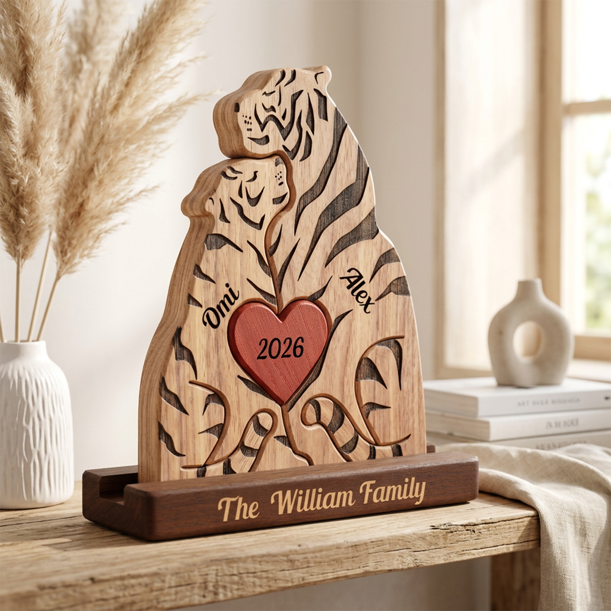 Personalized wooden Couple  tiger-shaped plaque on a dark wood base, engraved with two tigers, a red heart reading '2026'