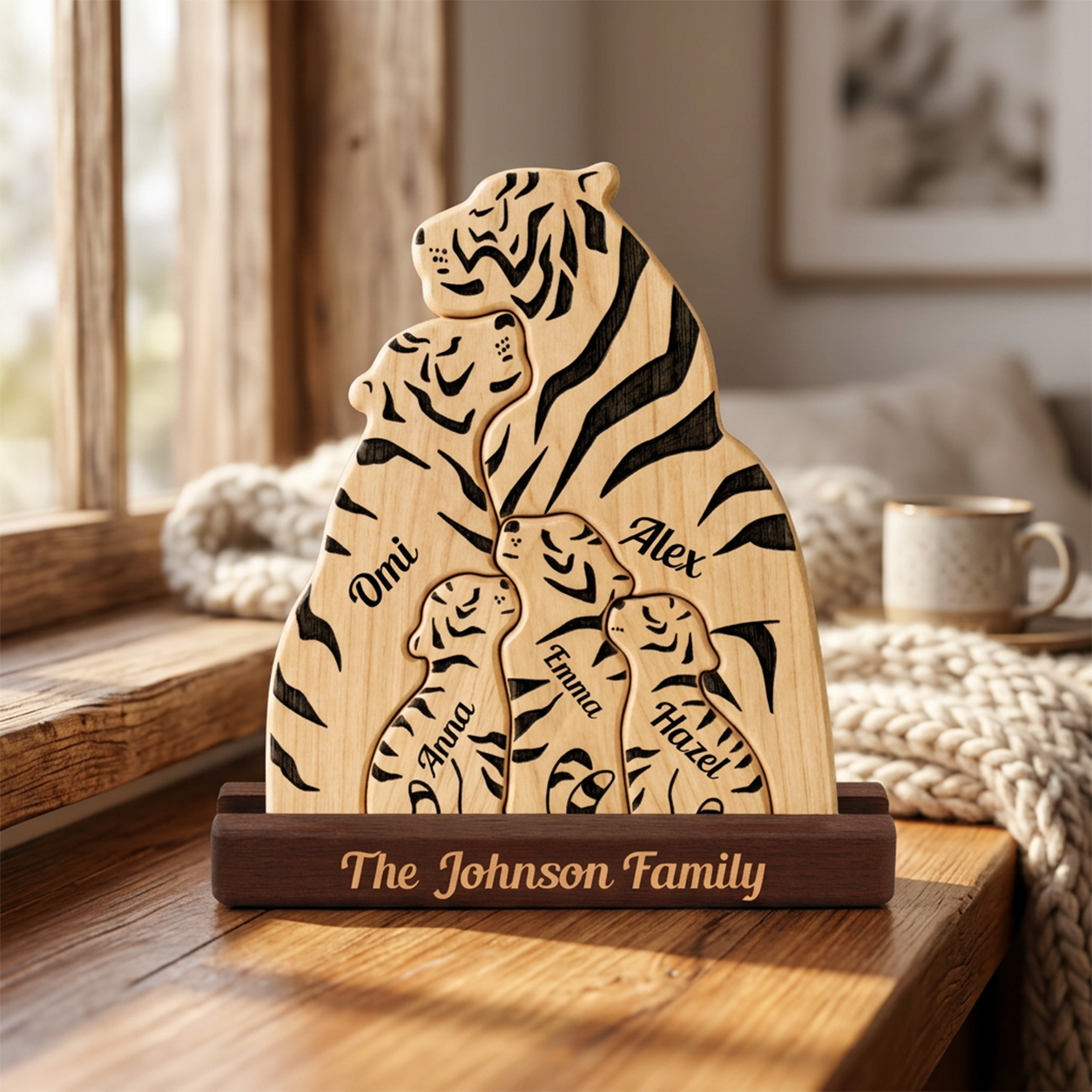 Personalized wooden family tiger plaque on a dark wood base, displayed on a wooden table in a cozy living room setting.