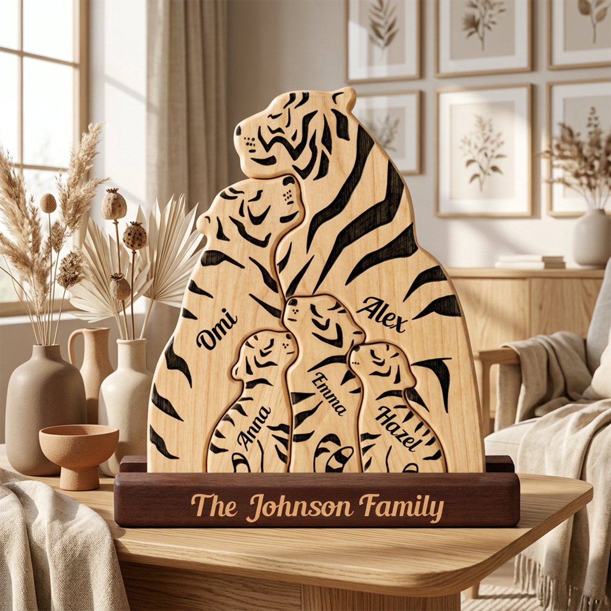 Personalized wooden tiger family plaque on a dark base, engraved with the names, displayed on a table in a warm, modern living room setting.