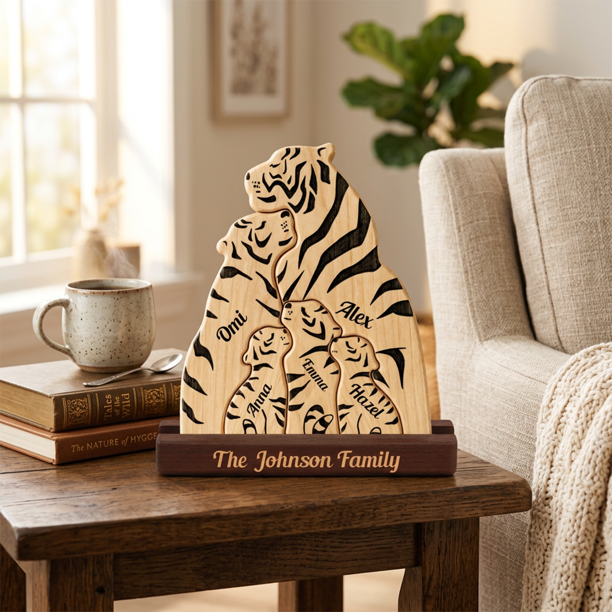 Personalized wooden tiger family sculpture with engraved names and a base reading 'The Family,' displayed on a wooden table in a cozy living room setting.