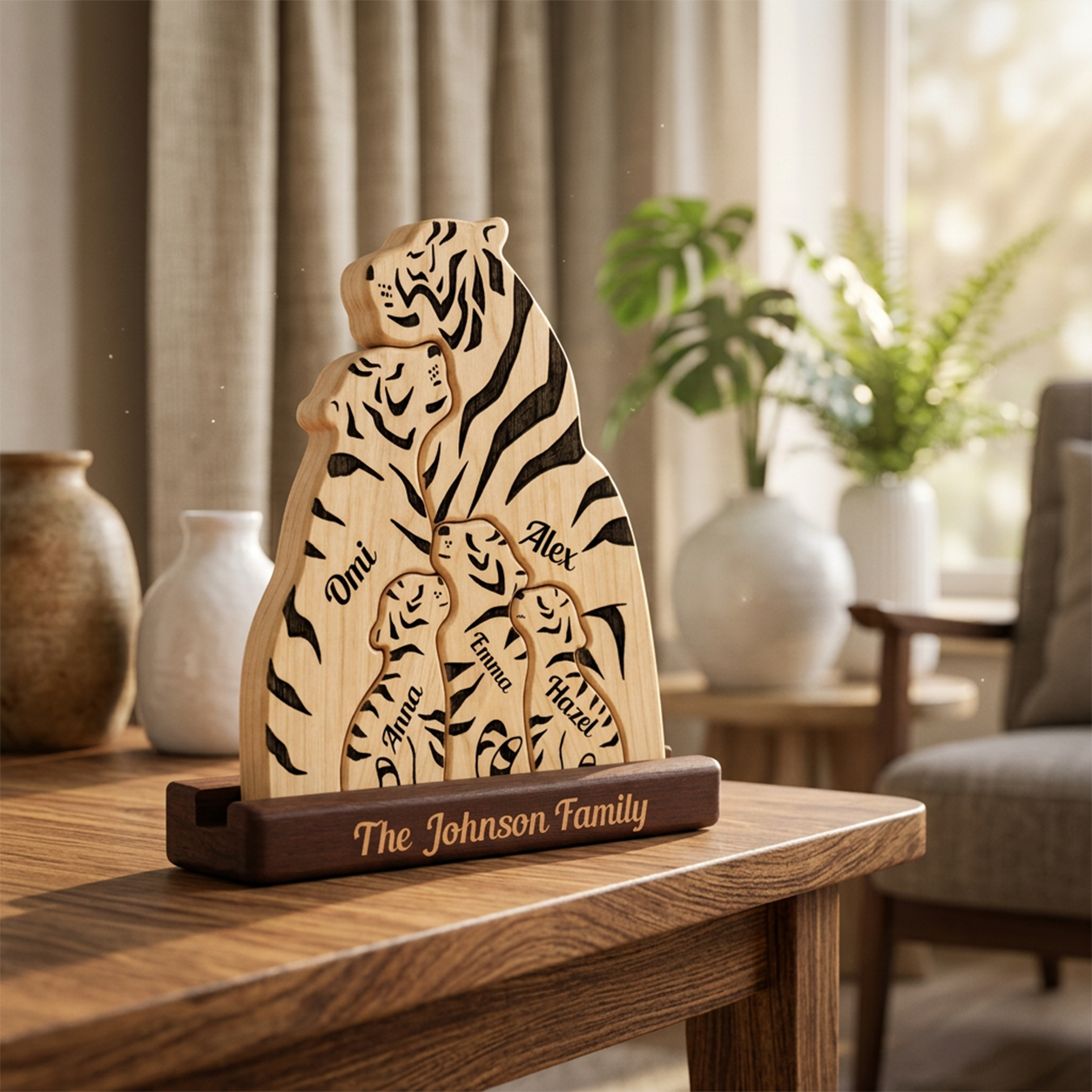 Personalized wooden tiger family plaque on a dark base, engraved with names and the text 'The Family,' displayed on a wooden table in a softly lit living room.