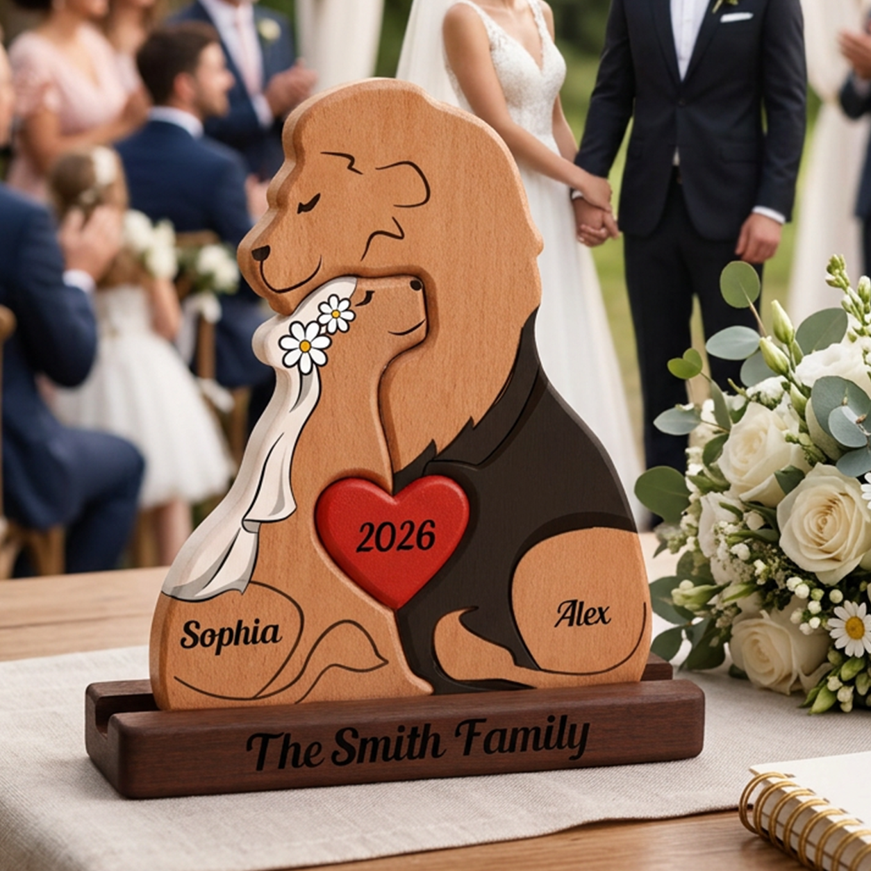 Wooden sculpture of two lions holding hands with a heart and names on a table with a wedding background.