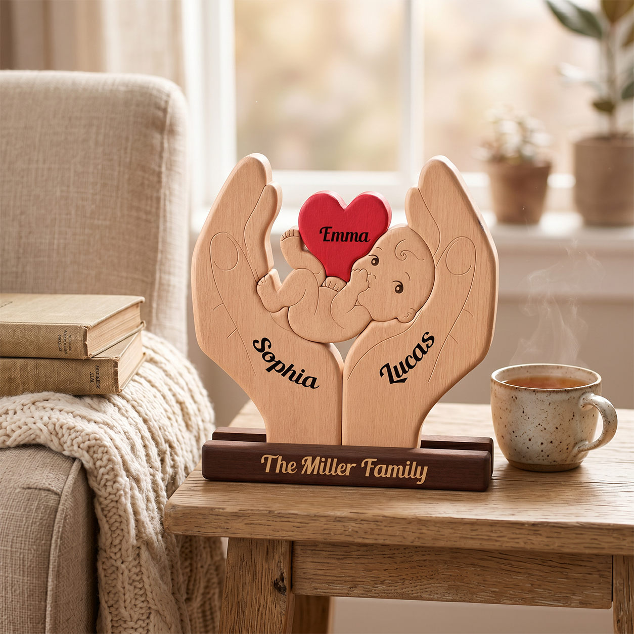 Personalized wooden baby keepsake plaque shaped like two hands holding a baby, with engraved names 