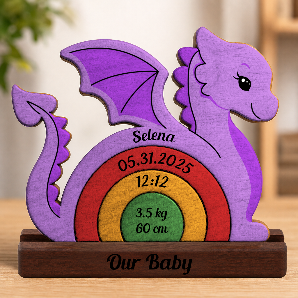 Wooden dragon-shaped with personalized details on a wooden stand.