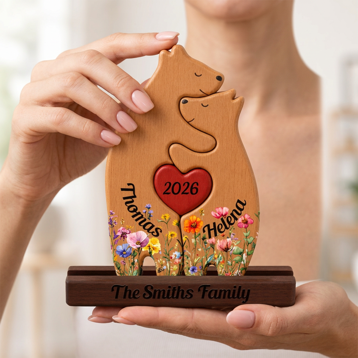 Wooden bear with flowers