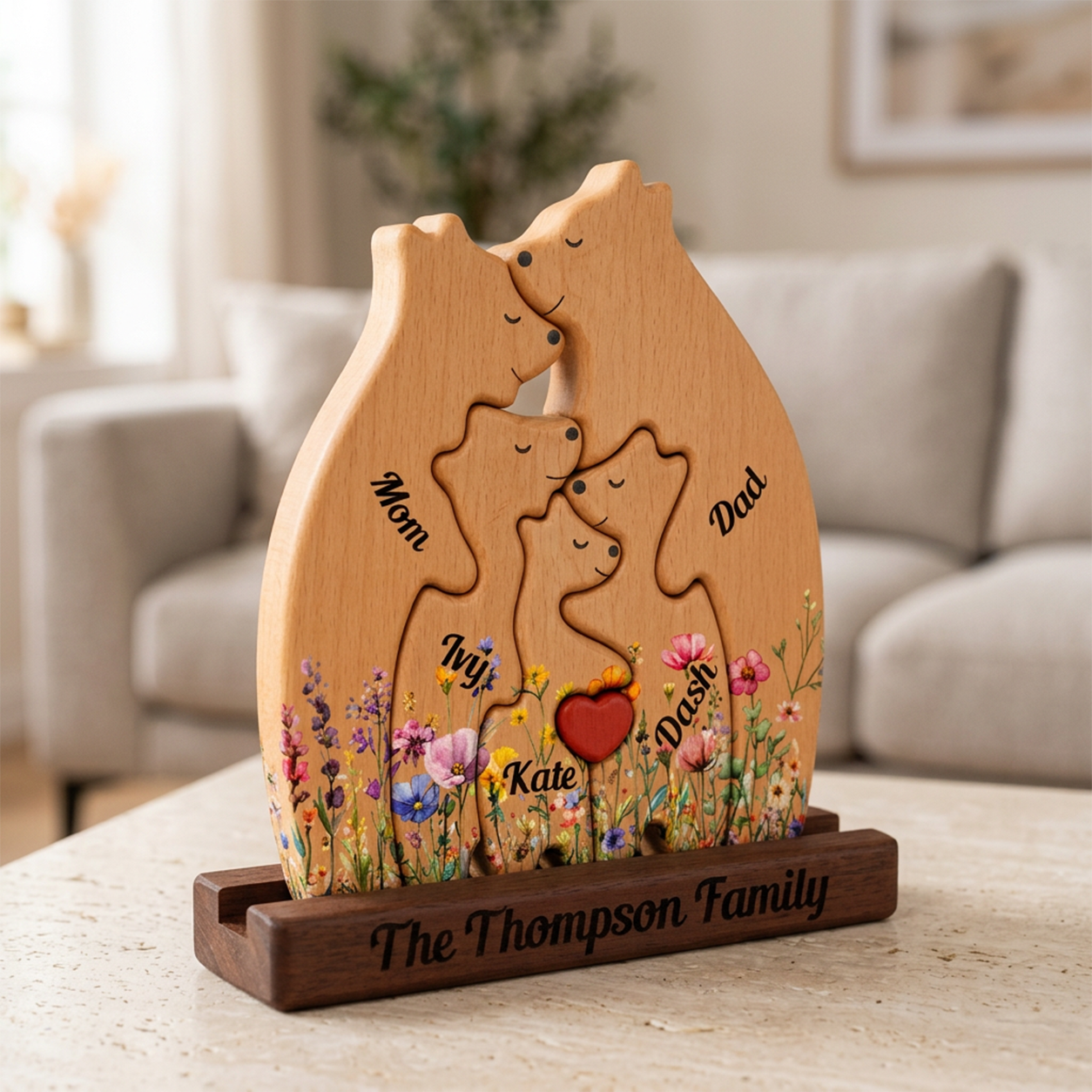Wooden family sculpture with engraved names in a living room setting