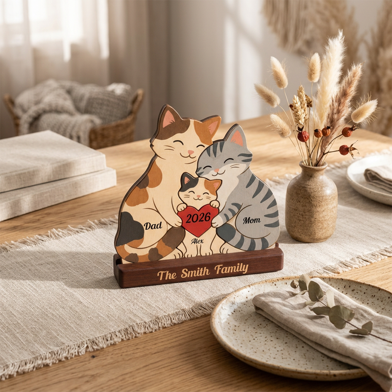 Personalized wooden cat family plaque on a dining table