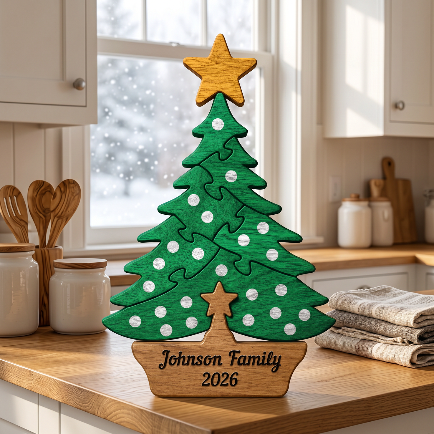 A personalized wooden Christmas tree puzzle decoration with a green tree body, white polka dots, a gold star topper, and a wooden base engraved with 'Family 2026', displayed on a kitchen counter.