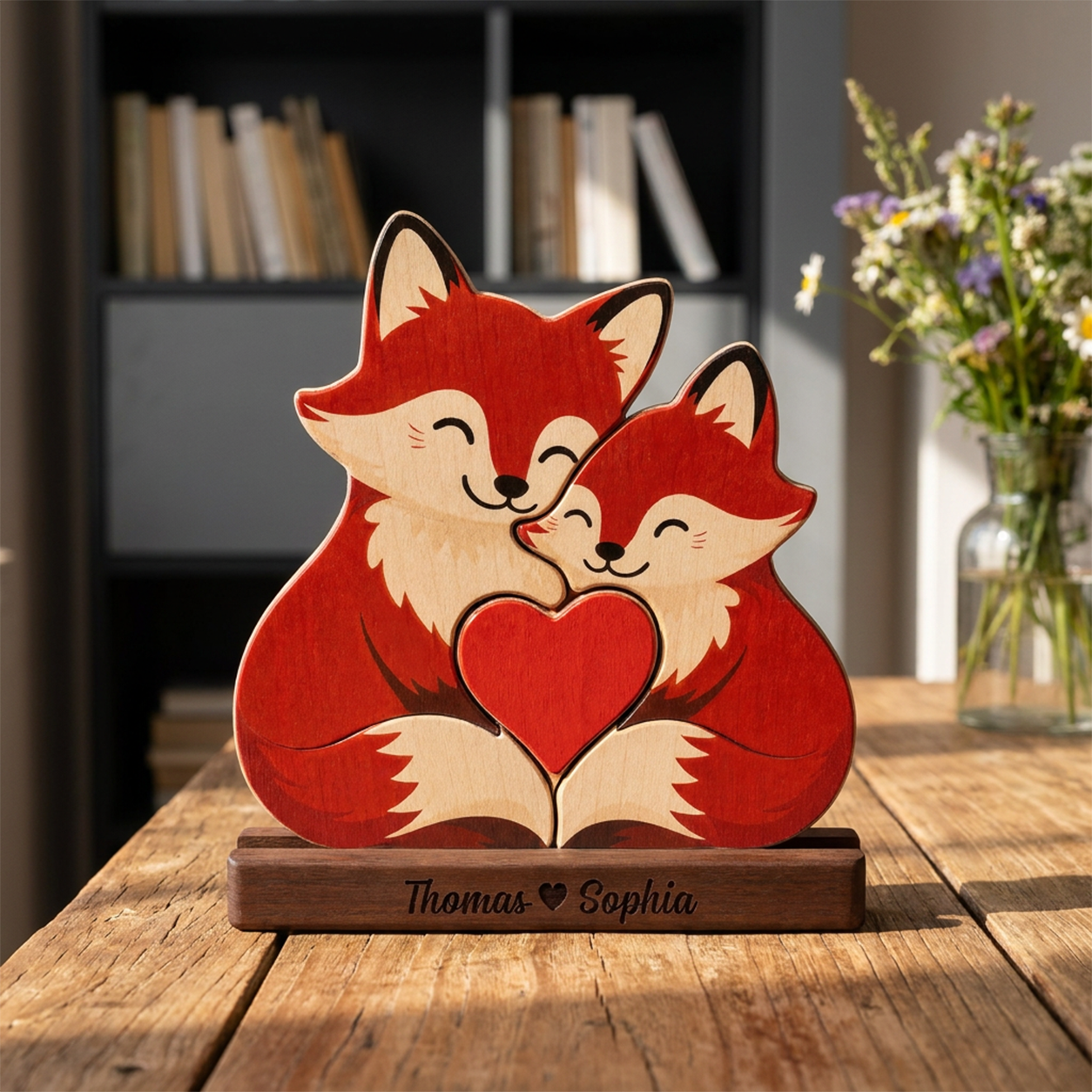 Wooden sculpture of two foxes hugging with a heart