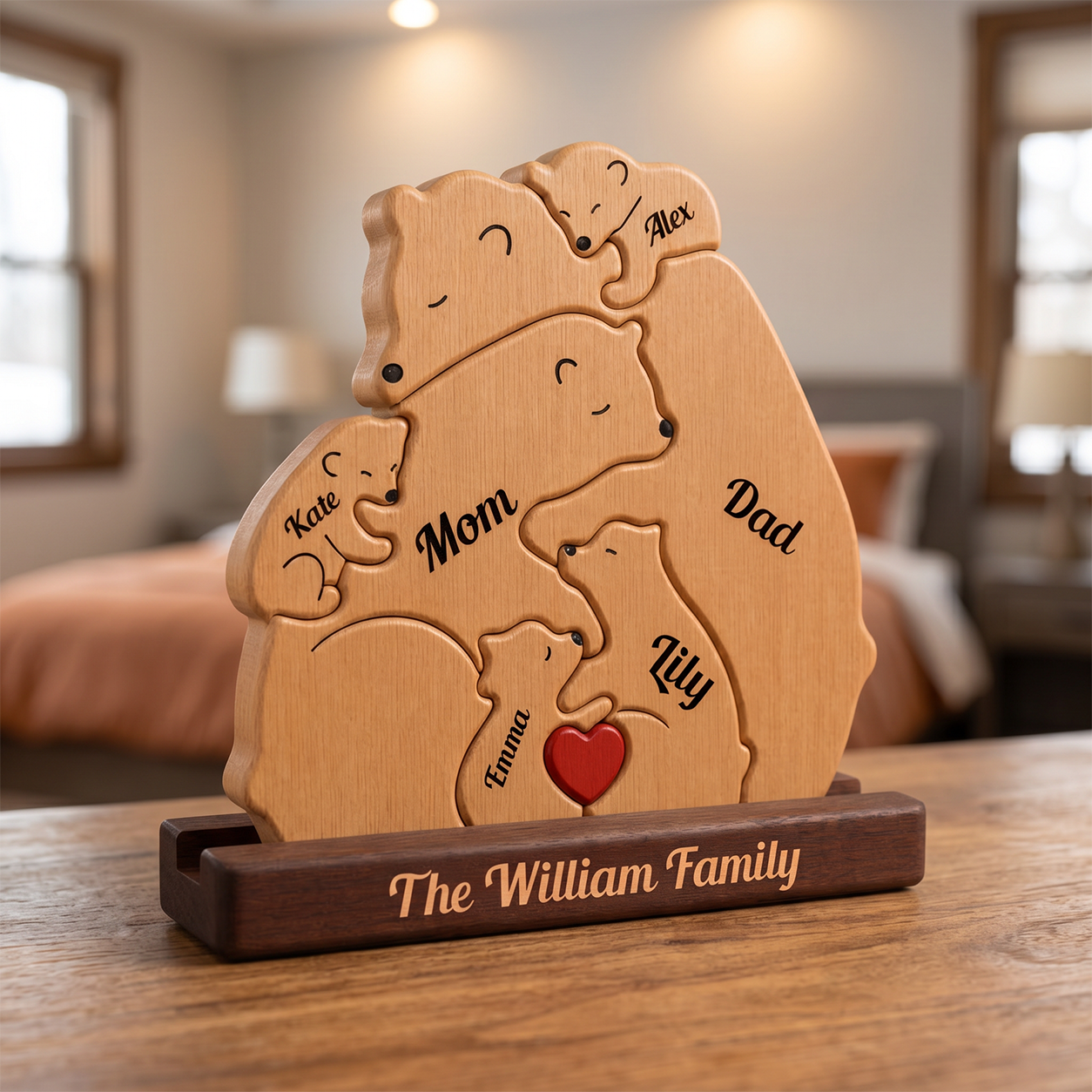 Wooden family puzzle with bear shapes and family names on a wooden stand.