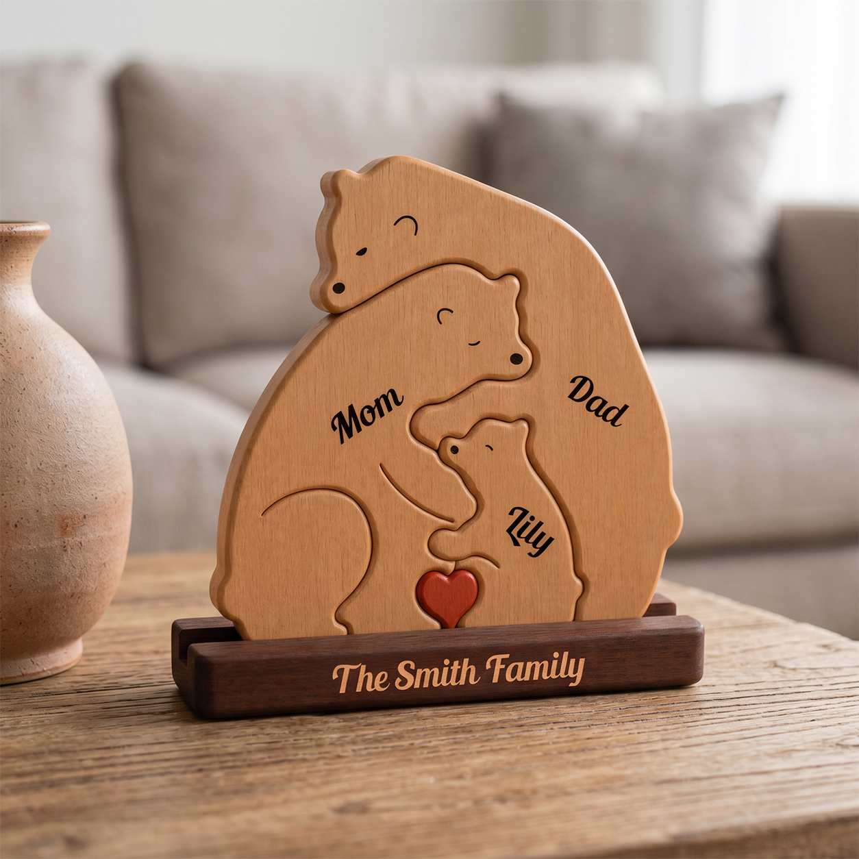 Wooden family plaque with engraved names on a wooden surface