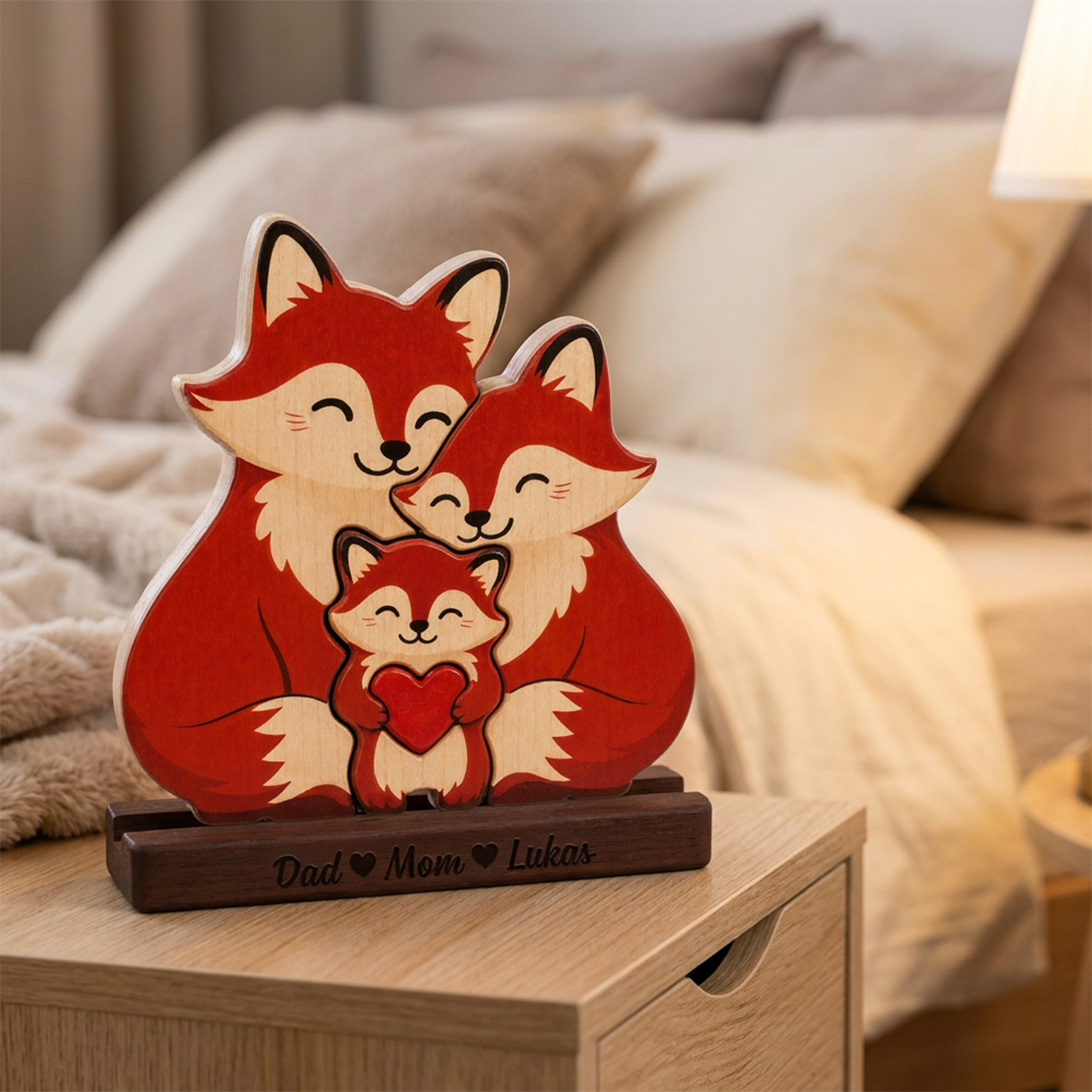 Wooden plaque with red fox family design on a wooden surface.