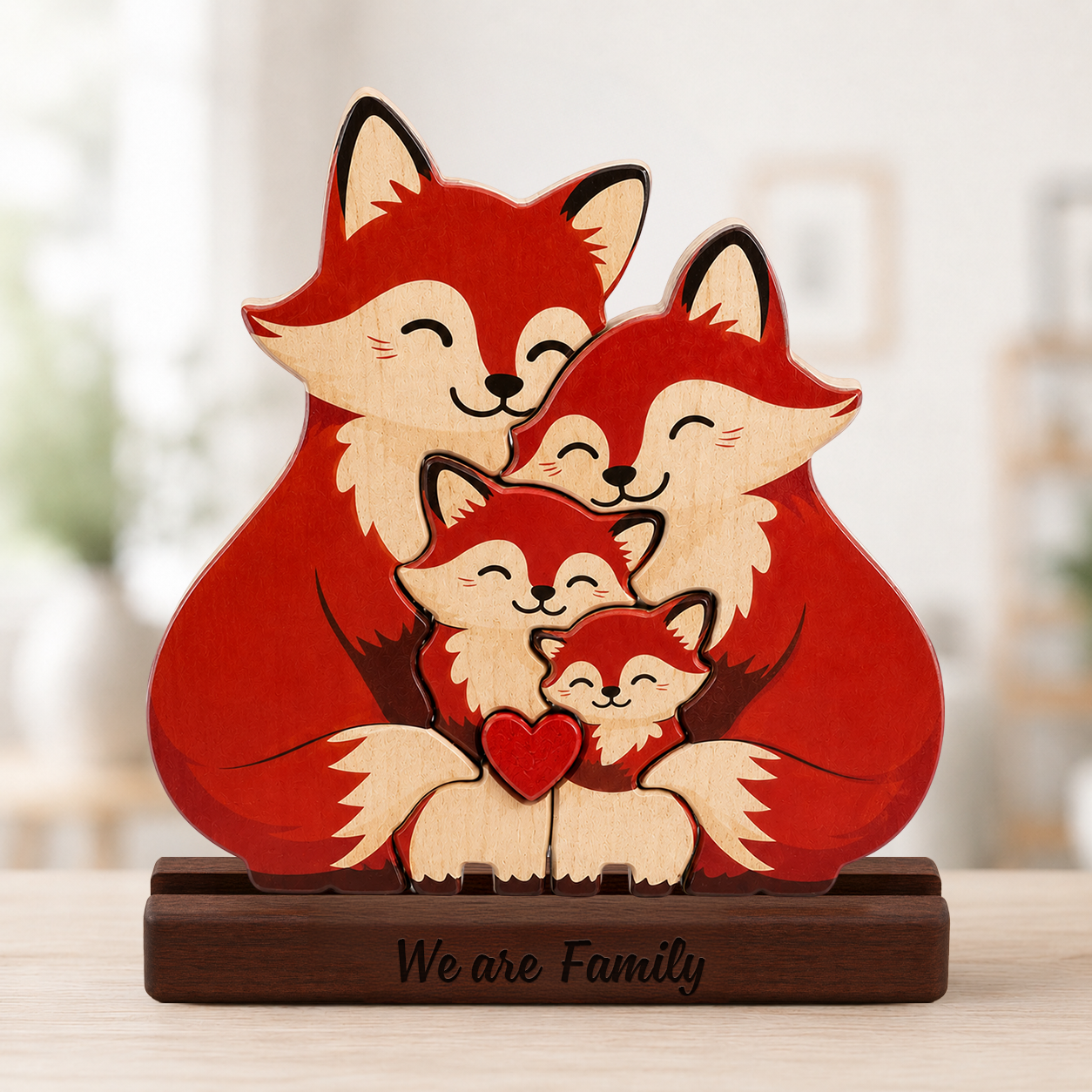 Wooden family of foxes with 'We are Family' engraving on a stand.