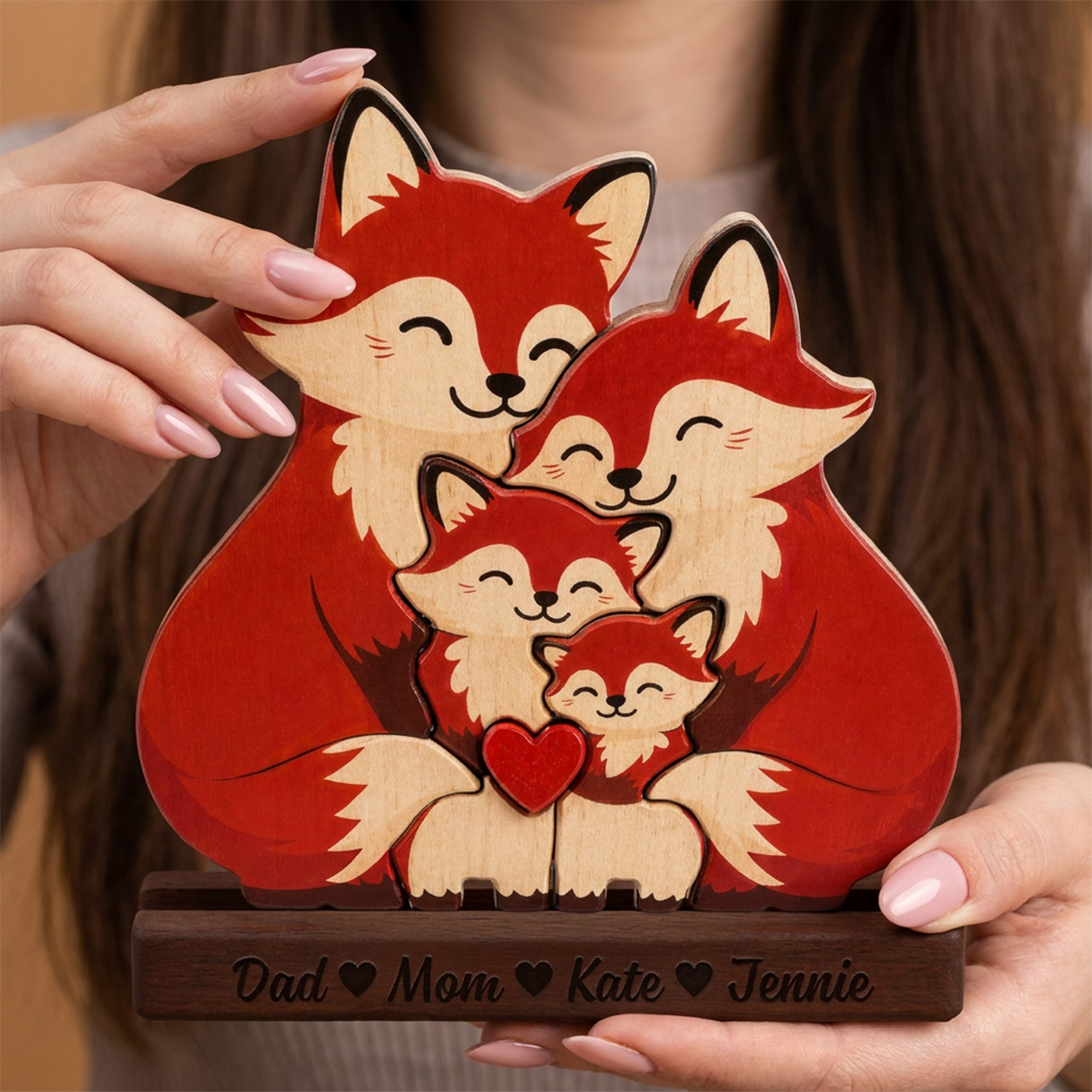 Wooden fox family figure with a heart, held by hands against a blurred background