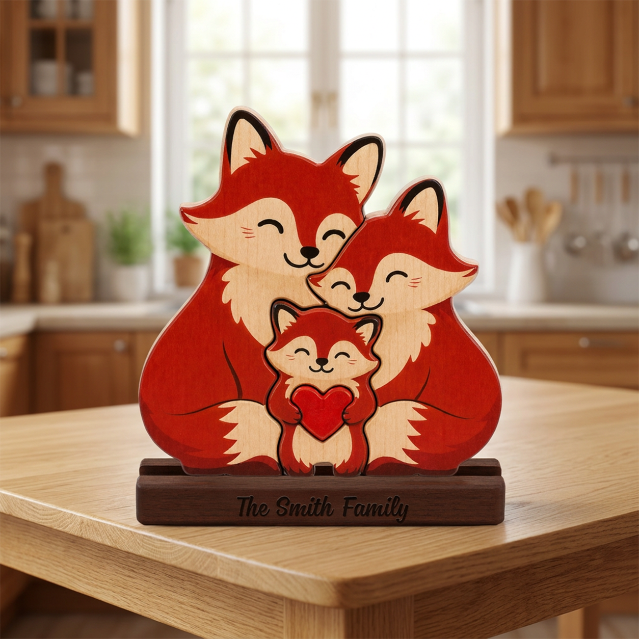 Wooden fox family figurine on a kitchen counter with 'The Family' engraving.