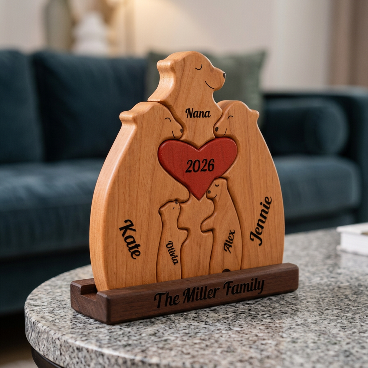 Wooden family plaque with engraved names and year on a table