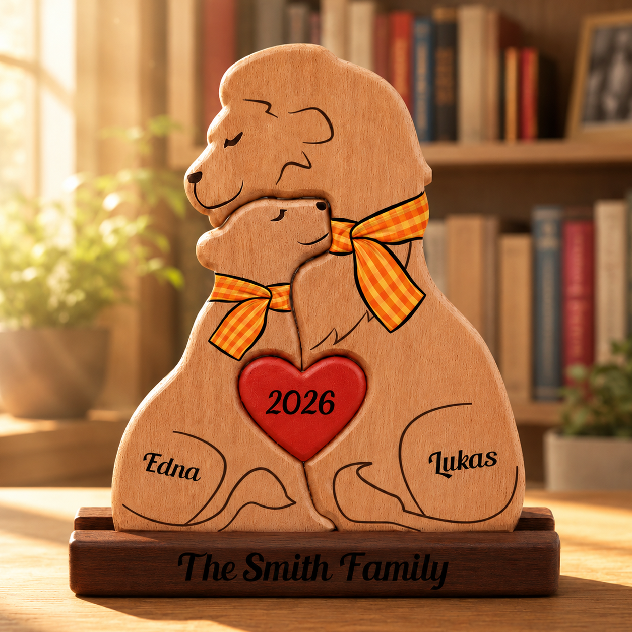 Wooden sculpture of couple lions with a heart