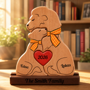 Wooden sculpture of couple lions with a heart