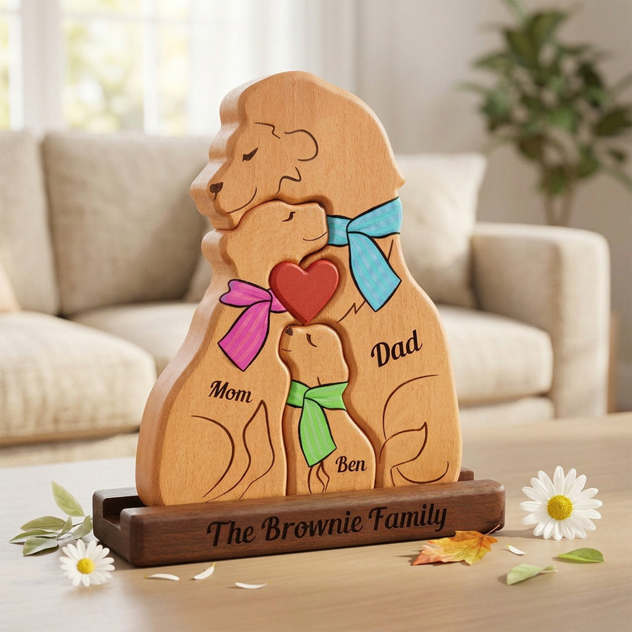 Wooden family lions figure with 'Mom', 'Dad', and 'kids' on a stand, decorated with colorful bows and a heart, in a home setting.